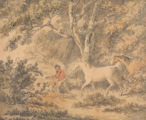 Landscape with Horses, Farmer and Dog