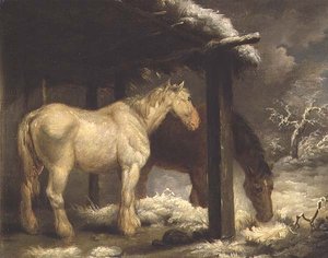 Shire Horses by a Thatched Shelter in a Stormy Wintery Landscape by George Morland