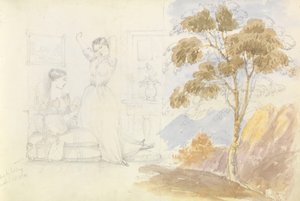 Sketch of two young women, one sitting and reading the other stretching and yawning (drawn by Lord Bury) with a drawing of a tree alongside by George Pechell Mends