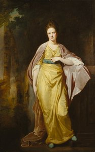 Portrait of Mrs. Ellen Morewood, Standing Full Length, in a Yellow Dress, Blue Sash and Mauve Wrap, Leaning Her Left Arm on a Pedestal