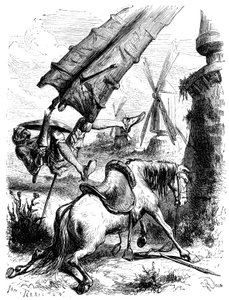 Battle against the mills: Don Quixote and Rossinante are thrown to the ground by the wing of a mill by George Roux