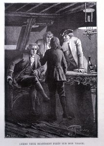 Story scene in the ship square: young Jim Hawkins in front of Dr. Livesey and the Chevalier Trelawnay - in Stevenson