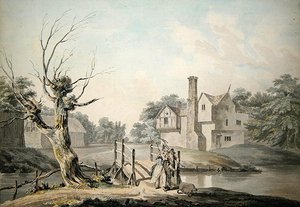 Rustic Figures Crossing a Bridge Near a Farm House