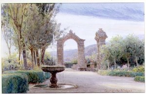 An Italian Garden with a Fountain and Two Archways