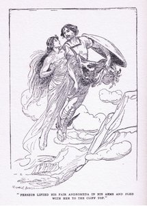 Perseus lifted his fair Andromeda in his arms and fled with her to the cliff tops, from The Heroes published by George Allen and Unwin 1929 by George Soper