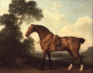 A Saddled Bay Hunter in a Landscape with a Lake Beyond by George Stubbs