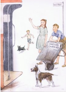 When the bus arrived, David stood with the barrow tilted, so the notice showed, from Pets Limited published by Collins