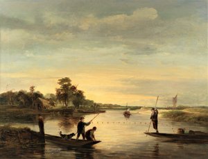 A View on the Broads with Men Fishing from Punts by George Vincent