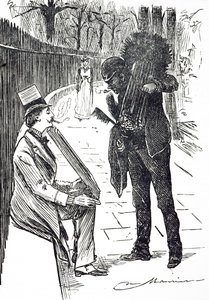A chimney sweep carrying his brushes through the streets of London