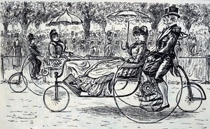 Passengers riding in bicycle carriages by George du Maurier