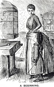 Cartoon commenting on the popularity of caged birds in Britain by George du Maurier