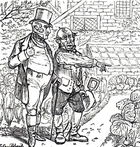 Cartoon depicting a gentleman with a gardener in the vegetable plot