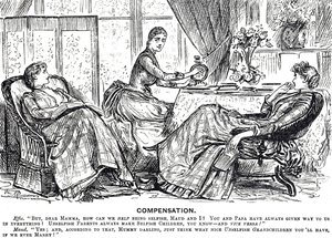 Cartoon depicting a woman using a handle-driven sewing machine by George du Maurier