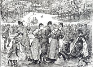 Skaters skating on a frozen lake by George du Maurier