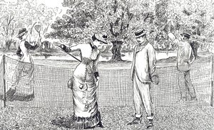 Engraving depicting a female tennis player in discomfort because of her new rubber shoes by George du Maurier