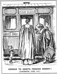 Mr Punch bows to Agneta Frances Ramsay who sat, and passed with First Class Honours, the papers set, but could not receive a degree as Cambridge did not award them to women at this time. George du Maurier cartoon from Punch, London, 2 July 1887. by George du Maurier