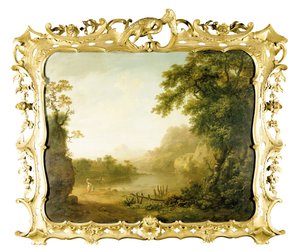 An Italianate Wooded River Landscape with Figures in the Foreground and a Village Beyond by George the Elder Barret