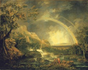 Extensive Wooded River Landscape, with Anglers Beside a Pool Below a Waterfall, and a Rainbow