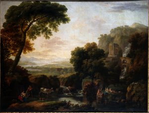 Italianate Landscape with a Capriccio View of Tivoli, a Shepherd and Shepherdess and Cattle by George the Elder Barret