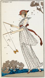 A Woman Wearing a Printed White Linen Dress, Playing with a Toy