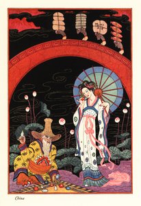 A Young Woman with Lacquer Parasol Smelling a Perfume Flask