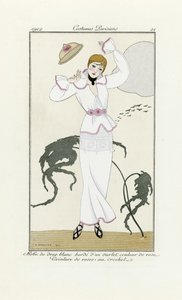 Design for White Dress with Pink Trim and Crochet Belt, from Costumes Parisien, pub.1912