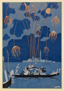 Fireworks in Venice. People in a gondola. by Georges Barbier