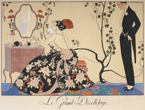 A woman sitting at her dressing table, admired by a man