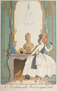 Mademoiselle Sorel in grand habit. A woman standing in front of a fireplace.