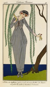 Woman wearing a taffeta dress with gray collar and cuffs of linen and a waistcoat of satin with enamel buttons. Costumes Parisiens no.39