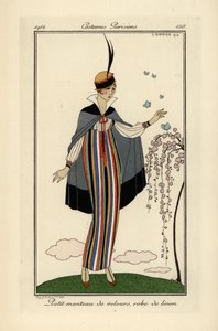 Woman in striped linen dress with short velvet coat by Georges Barbier