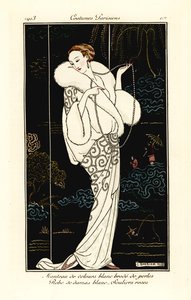 Woman in Velvet Cape, Damask Dress and Pink Slippers