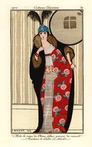 Woman in white crepe de chine dress, cape of otter and skunk fur lined with floral pattern, skull cap with plumes by Georges Barbier