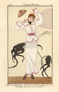 Woman in white wool dress with pink trim, belt of crocheted roses, losing her hat in the wind