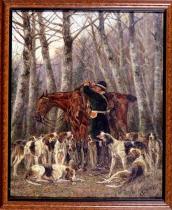 Loading on the horse of a deer killed during a horse hunt (drawing by Georges La Roque, c. 1900)