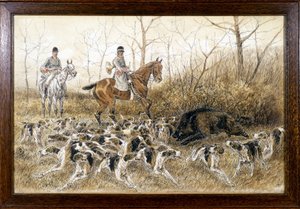 Pack of dogs around a wild boar in a hunting (drawing by Georges La Roque, c. 1900) by Georges La Roque