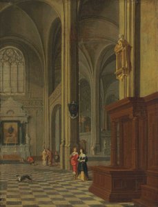 Interior of a Church: A Gothic Church Interior with Elegant Figures