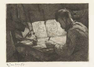 Self-Portrait at the Drawing Table by Gerard Jan Bos (signed by artist)
