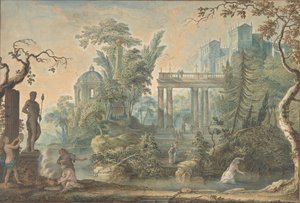 Arcadian Landscape with several Figures and a Statue of Apollo, 18th century