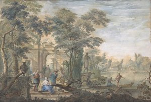 Arcadian Landscape with several Figures and a Statue of Diana