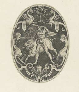 Flat Decoration: Hercules Captures the Erymanthian Boar (Oval Flat Decorations with the Deeds of Hercules in Grotesques series)