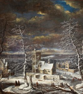 A village in winter in an extensive landscape with figures on the ice by Gerard van Edema
