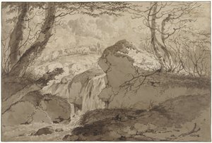 Mountain Landscape with Waterfall Among Trees, Along Which a Shepherd Leads His Flock by Gerard van Nijmegen