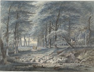 Forest View with a Shepherd and Sheep and Three Figures by Gerard van Nijmegen