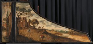Painting on a Harpsichord Lid with a Hilly Landscape and Travellers