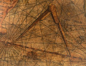 Terrestrial Globe, detail of the Pacific Ocean with a large pair of dividers