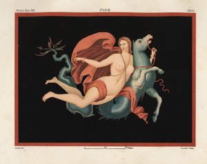 A Nereid (Sea Nymph) in Mantle and Bracelets Riding on a Sea Monster or Hippocampus, Half Horse and Half Fish. Museo Naz. XXII, Stabiae. Drawn and Chromolithographed by Victor Steeger from Emile Presuhn (1844-1878) The Most Beautiful Paintings of Pompeii