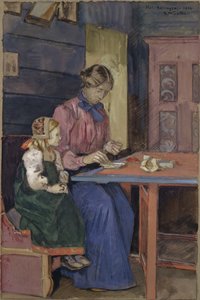 Young Girl from Hallingdal Learning to Thread Pearls by Gerhard Peter Frantz Vilhelm Munthe