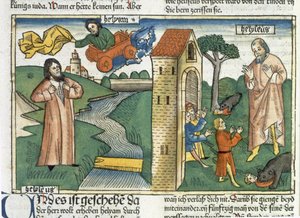2 Kings 2:1-24 Elijah ascends to Heaven in a whirlwind and the boys who mocked Elisha are eaten by bears, from the Nuremberg Bible by German School