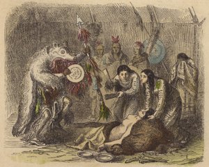 A Native American Medicine Man Reciting an Incantation to Cure Sickness (Coloured Engraving) by German School
